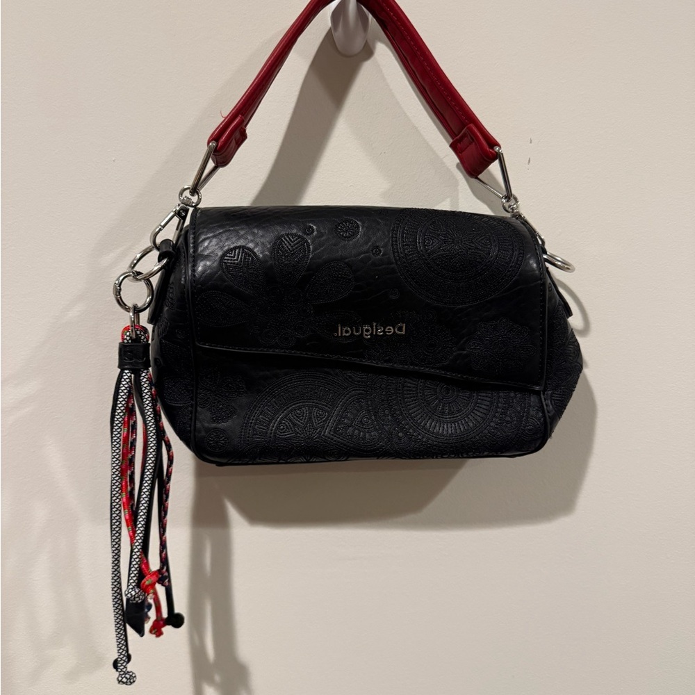 Desigual Black Crossbody Messenger Bag with Red Strap and Tassle